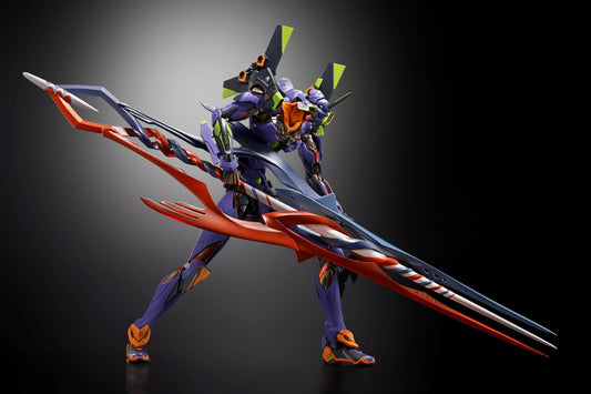 <p>Bandai celebrates the 30th anniversary of the "Evangelion" series with this awesome "Metal Build" figure of Evangelion Test Type-01 with the Spear of Gaius, with an overwhelming size of over 15 inches long, as well as a special base with the anniversary logo!</p>
<p>The newly sculpted Spear of Gaius is made with a unique shape and texture in clear parts. The special base is molded in black with the anniversary logo in holographic foil, and this special figure also comes with left and right hands to hold