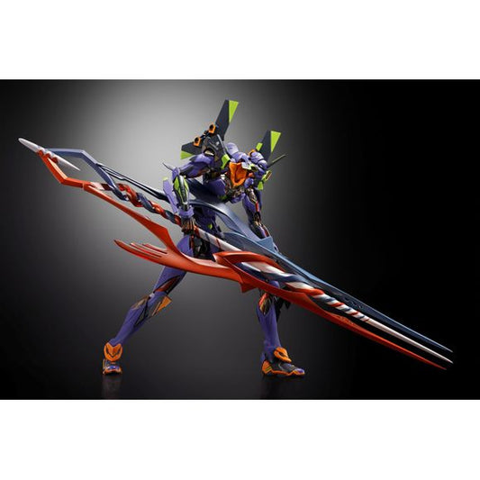 <p>Bandai celebrates the 30th anniversary of the "Evangelion" series with this awesome "Metal Build" figure of Evangelion Test Type-01 with the Spear of Gaius, with an overwhelming size of over 15 inches long, as well as a special base with the anniversary logo!</p>
<p>The newly sculpted Spear of Gaius is made with a unique shape and texture in clear parts. The special base is molded in black with the anniversary logo in holographic foil, and this special figure also comes with left and right hands to hold