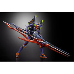 <p>Bandai celebrates the 30th anniversary of the "Evangelion" series with this awesome "Metal Build" figure of Evangelion Test Type-01 with the Spear of Gaius, with an overwhelming size of over 15 inches long, as well as a special base with the anniversary logo!</p>
<p>The newly sculpted Spear of Gaius is made with a unique shape and texture in clear parts. The special base is molded in black with the anniversary logo in holographic foil, and this special figure also comes with left and right hands to hold