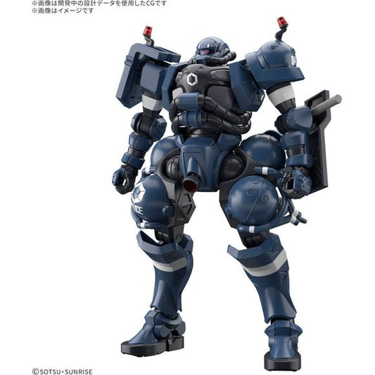 From "Mobile Suit Gundam GQuuuuuuX" comes a High Grade model of the Military Police Zaku! The shoulder lights are recreated with clear parts, and the shoulder blocks can move independently, allowing for dynamic action poses. The mono-eye is movable, too! With the included marking stickers, you can recreate details from the show. Be sure to add it to your Gunpla collection!