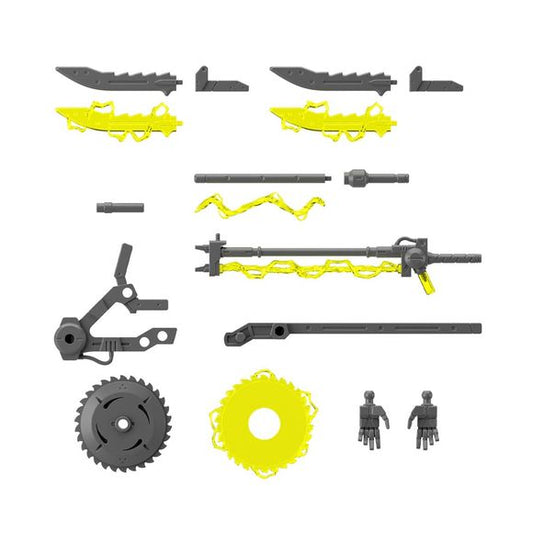This set of plasma weapons allows you to equip your "30MM (30 Minutes Missions)" models from Bandai with electric weapons! Various forms of the weapons can be created, depending on the combination of the included parts; blade parts in both the normal and charged state are included. Flat hand parts are also included.