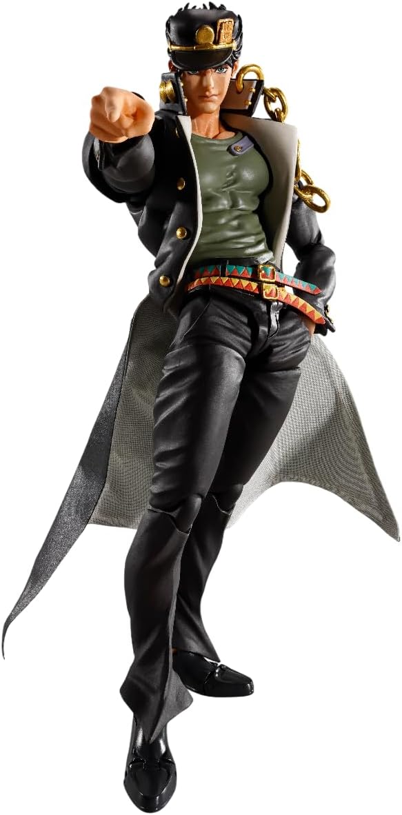Jotaro Kujo, protagonist from the wildly popular "JoJo's Bizarre Adventure: Stardust Crusaders," joins S.H.Figuarts!
This culmination of S.H.Figuarts technology utilizes movable mechanisms to enable iconic poses and action poses. Tamashii Digital Coloring Technology has been utilized to fully express his facial features. A special pedastal with an original design print is also included. The hem of his fluttering school uniform can be freely positioned using the PVC sheet with wires. 6.7 inches (17cm).