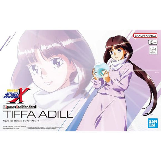 Tiffa Adill from "After War Gundam X" joins the "Figure-rise Standard" model-kit series from Bandai! She comes with two interchangeable tampo-printed faces; a chair and seated leg parts are included to recreate scenes from the series. A wide variety of accessories are included too, such as D.O.M.E., the G Controller, and long hair parts; a variety of hands are included as well, including praying hands, G Controller-holding hands, and D.O.M.E.-holding hands.