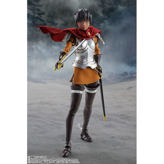As seen in the Golden Age Arc of "Berserk," a masterpiece of dark fantasy that's popular all over the world, the Band of the Hawk version of Casca joins the "S.H.Figuarts" action-figure lineup from Bandai! Her face is reproduced using digital printing, and fabric is used for her cloak and skirt for natural movement.