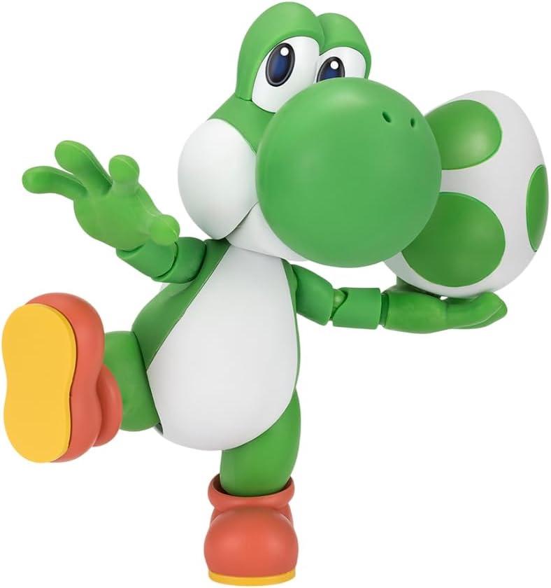 Poseable! Expand your world! A full-action Yoshi figure! S.H.Figuarts The Super Mario Brothers series of is back again!
Comes with a wide variety of optional parts to recreate the various actions in the game. An "egg" to aim and hit enemies is also included. Can be replaced with "Mario" and "Luigi" (sold separately)! Extended tongue parts allow you to recreate the action in the game of eating enemies.