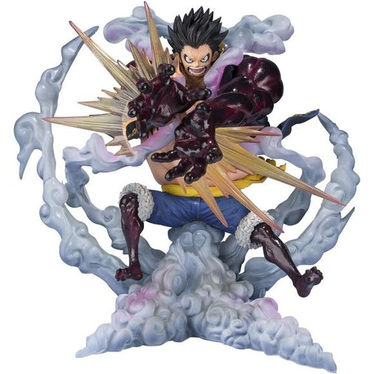 <p>Monkey D. Luffy Gear 4 appears in the Figuarts ZERO EXTRA BATTLE series!</p>
<p>Effects full of impact using clear parts, powerful expressions, characteristic red-black coloring, and posing with a feeling of dynamism are the key points. The figure captures Luffy's powerful expression and enormous body! Flashy effect with clear parts are used to reproduce the intense battle! Approx. 7.1 inches tall (18cm).</p>
<p><strong>Product Features:</strong></p>
<ul>
<li>Based on One Piece</li>
<li>Part of the F