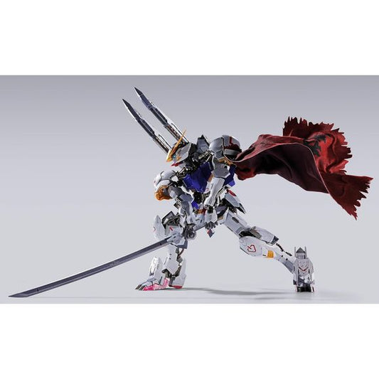 The long-awaited Metal Build version of Gundam Barbatos includes new equipment devised by director Tatsuyuki Nagai and designed by mechanical designer Naohiro Washio, and features a new look complete with a Boomerang Mace and crimson-colored cape!
The frame portion is made with die-cast components, incorporating unique structures in the fuselage and other areas. The Gundam frame, which embodies the Alaya-Vijnana System, is dynamically depicted in this figure. 7.1 inches tall (18cm). Made of ABS, PVC, and d