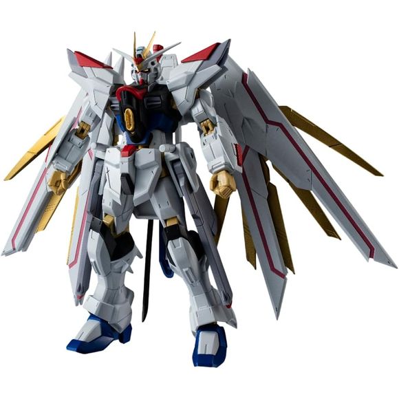 Mighty Strike Freedom Gundam from Mobile Suit Gundam SEED FREEDOM joins GUNDAM UNIVERSE!
This figure adopts the UNIVERSAL REACTION FRAME, pursuing an optimal range of motion and ease of play that enables faithful recreation of on-screen action. Distinctive design reproduced while balancing playability and stylish looks. The backpack can also be displayed as the Proud Defender by using the included joint. 5.9 inches (15cm) tall.