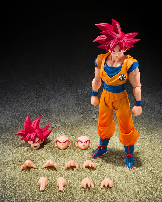 From Dragon Ball Super, Super Saiyan God Son Goku joins S.H.Figuarts with an all-new sculpt!
Goku has been realized with a brand-new sculpt that pays meticulous attention to proportions, facial expressions, and fine details. This figure incorporates newly engineered articulation developed for the S.H.Figuarts Dragon Ball series—particularly adopting the Dynamic-Movable Shoulder System (patent pending) for the shoulders. 5.7 inches (14.5cm) tall.
Includes:
Super Saiyan God Goku figure
4 Pairs of interchang
