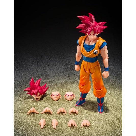 From Dragon Ball Super, Super Saiyan God Son Goku joins S.H.Figuarts with an all-new sculpt!
Goku has been realized with a brand-new sculpt that pays meticulous attention to proportions, facial expressions, and fine details. This figure incorporates newly engineered articulation developed for the S.H.Figuarts Dragon Ball series—particularly adopting the Dynamic-Movable Shoulder System (patent pending) for the shoulders. 5.7 inches (14.5cm) tall.
Includes:
Super Saiyan God Goku figure
4 Pairs of interchang