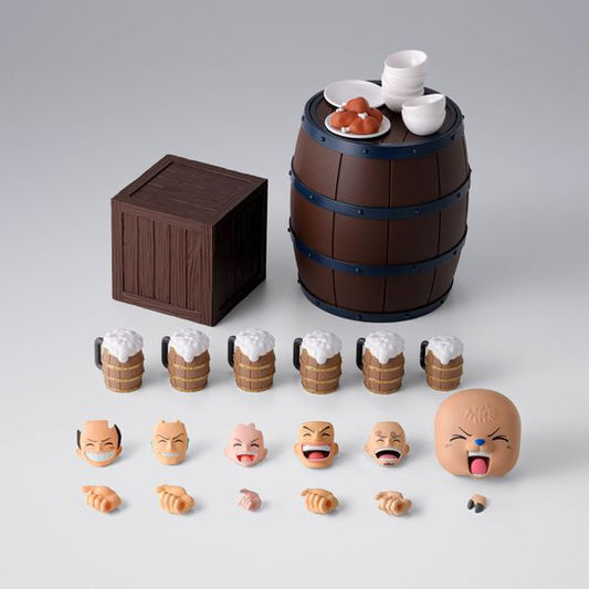 An optional parts set for recreating the party scene is joining the S.H.Figuarts lineup. Includes interchangeable smiling expression parts and hand parts for holding barrel mugs, compatible with the separately sold S.H.Figuarts -ROMANCE DAWN- and - DRUM ISLAND- series figures. The set also comes with a barrel, a wooden box, a tableware set, and a background sheet, allowing you to recreate the world of the anime.