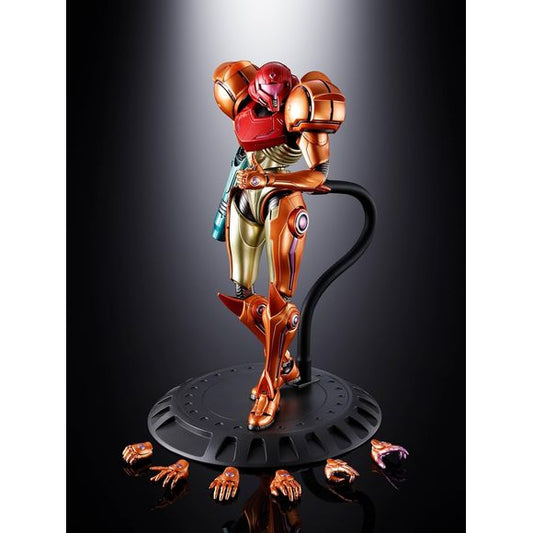 From the latest title Metroid Prime 4: Beyond, Samus Aran is brought to life as a CHOGOKIN release!
The Varia Suit in a state imbued with distinctive psychic abilities is recreated with a weighty finish using die-cast parts. Realized at a large scale, approximately 210 mm in height, enabling dynamic action poses. LED units are built into the Arm Cannon and chest, letting you enjoy light-up gimmicks across multiple sections.
8.26 inches (21cm) tall.