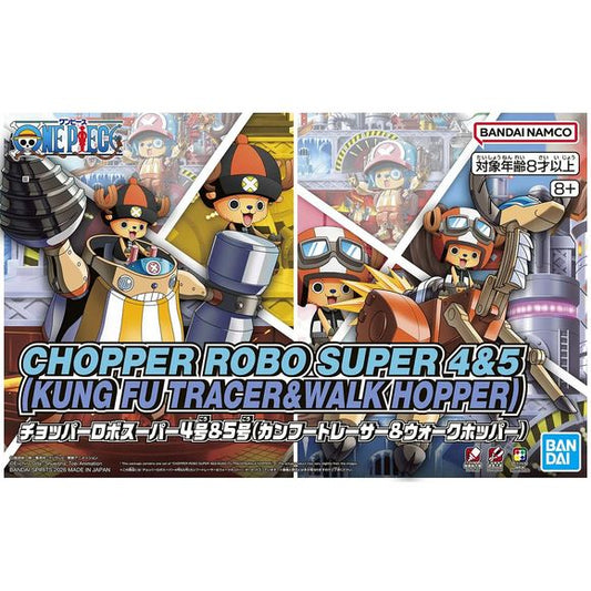 The fourth and fifth parts of Chopper Robo Super from "One Piece," the Kung Fu Tracer and Walk Hopper, are available for order from Bandai! The touch-gate mechanism requires no tools; these items can be combined with Chopper Robo Super No. 1 Guard Fortress and Chopper Robo Super No. 2 and No. 3 (Heavy Armor and Horn Dozer) once completed, too. Both standing and sitting figures of Chopper are included, as well as two interchangeable faces. Stickers are also included.
