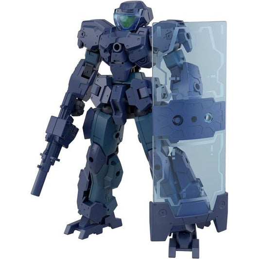 From the Earth Allied Forces, TECPROT 01 is a security‑type mass‑production unit designed for domestic peace‑keeping. This 30 MINUTES MISSIONS kit focuses on clean build and flexible display: a large shield uses new molding to reproduce its emblem in a single part, the clear visor can be posed open or closed, and armor panels remove to switch into a light‑equipment configuration. The rear skirt relocates to the back for alternate equipment layout, while articulation built across the frame supports steady, u