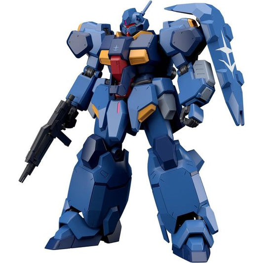 As seen in "Mobile Suit Gundam: Hathaway's Flash" GUSTAV KARL TYPE-00 has arrived, equipped with all-new movable features and gimmicks!
A movable axis is installed in the arm of the flexible shield on the left shoulder to allow for a variety of poses; the hip joint connection axes of both legs slide to promote bold leg movement. The beam rifle or bazooka can be mounted to its backpack, and the beam saber grip can be stored in the side armor.