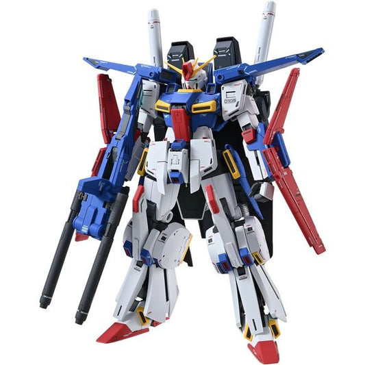Hajime Katoki supervised Bandai's newest "Master Grade" Gunpla kit -- make way for the Full Armor ZZ Gundam, Ver. Ka, from "Mobile Suit Gundam ZZ"! The add-on armor can be rearranged to attach the Hyper Mega Cannon; you can also remove the add-on armor to recreate the Enhanced ZZ Gundam. The add-on armor parts have been carefully adjusted to fit the mech's main body, achieving proportions that don't give it a bulky impression. The Double Beam Rifle can be attached to the forearm, or held in the hands; the H