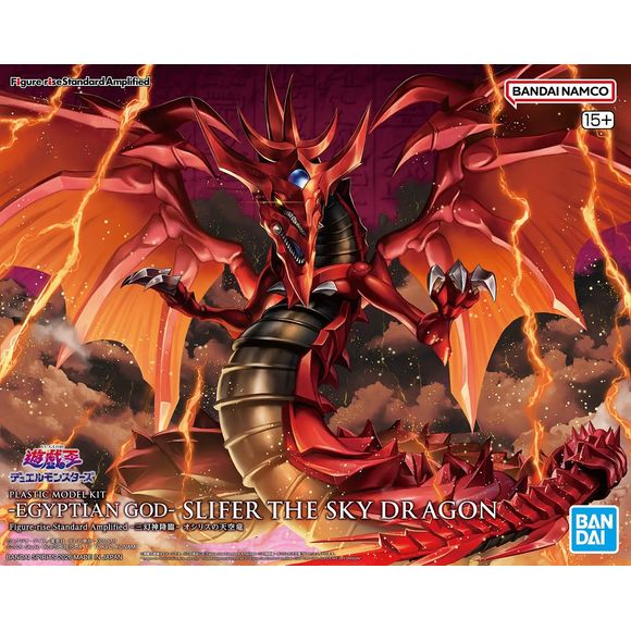 This "Figure-rise Standard" model kit from Bandai allows you to "amplify" the character's presence with an original arrangement! Slifer, the Sky Dragon of Osiris, one of the Three Phantom Gods, moves into the "Amplified" series! His undulating body and massive wings are accurately recreated for a majestic presence; his distinctive two movable jaws create an Amplified interpretation of his "Super Electric Wave Thunder Force"! A display base is included so you can show off this beautiful beast to his best adv