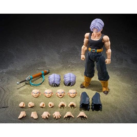 PRE-ORDER: Expected to ship in April of 2027.
From Dragon Ball Z, Trunks in his tank top outfit joins S.H.Figuarts!
This figure is brought to life with some newly sculpted parts and some newly designed articulation structures. In addition to a wide variety of facial expression parts, sword parts are also included. The pants parts can recreate both “hands in pockets” and “hands out of pockets” states, and two types of wind-swept hair parts are included, allowing a wide range of scenes from the series to be
