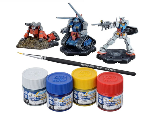 <p><strong>PRE-ORDER: Expected to ship in October 2026</strong></p>
<p>This paint pack includes four containers of Gundam Assemble Color paints (white, blue, yellow, and red), a paintbrush, and three miniatures. Miniatures include RX-78-2 Gundam, Guncannon, and Guntank. The miniatures stand roughly 5cm tall upon completion (about 2"). Miniatures are unpainted and require assembly Enjoy all the fun of tabletop gaming while delving into warfare with friends in true Gundam fashion. To Gundam fans worldwide: G
