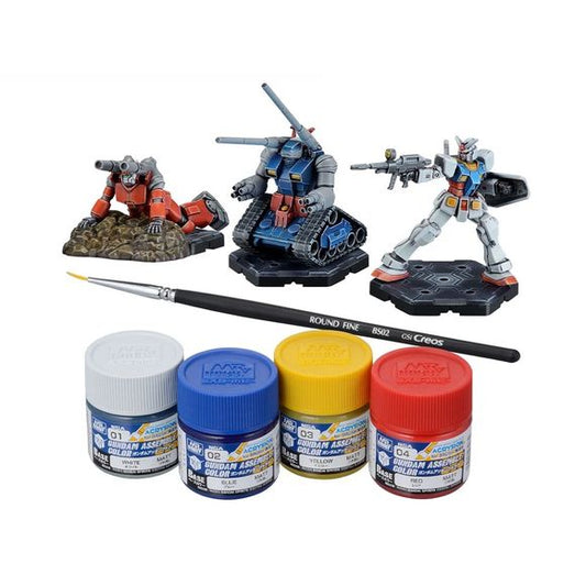 <p><strong>PRE-ORDER: Expected to ship in October 2026</strong></p>
<p>This paint pack includes four containers of Gundam Assemble Color paints (white, blue, yellow, and red), a paintbrush, and three miniatures. Miniatures include RX-78-2 Gundam, Guncannon, and Guntank. The miniatures stand roughly 5cm tall upon completion (about 2"). Miniatures are unpainted and require assembly Enjoy all the fun of tabletop gaming while delving into warfare with friends in true Gundam fashion. To Gundam fans worldwide: G