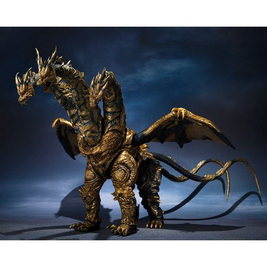 <p><strong>PRE-ORDER: Expected to ship in May of 2027.</strong></p>
<p>The ultimate foe from Godzilla: Final Wars, Kaizer Ghidorah, joins the S.H.MonsterArts lineup from Bandai Tamashii Nations in a massive size.</p>
<p>Sculpted from suit reference materials, the figure recreates Kaizer Ghidorah's three heads (each with its own expression), weighty torso and scale-like body texture, finished in its signature gold with bluish line accents painted across the body. A wide range of articulation keeps natural