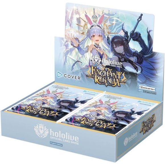 This set features strengthened cards for 28 holomem from previously released products, and holomem who have not yet appeared as OSR (Oshi holomem Super Rare) will debut in this rarity for the first time. It also includes the new HR (holomem Rare) rarity and stunning premium parallel cards featuring special illustrations. Some cards are also reprinted, making it easy to start building a deck even from this product alone. Official Hololive OCG English Set 05 – Enchant Regalia booster box Includes 12 booster p