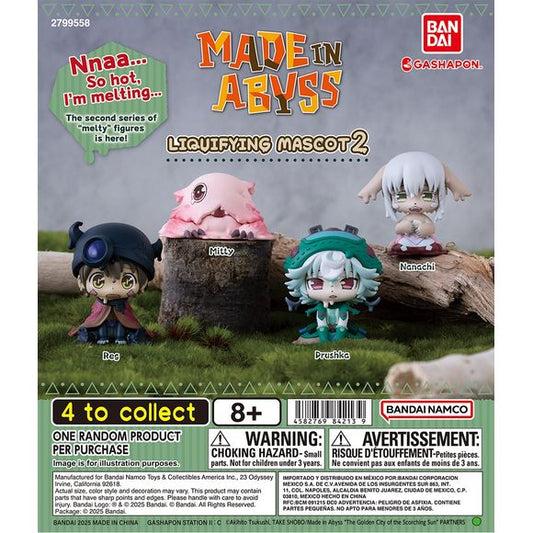 Dive into the mysterious world of Made in Abyss with the Bandai Made in Abyss Liquifying Melting Mascot 2 Gashapon Capsule Toy!
This unique and eye-catching series features characters from Made in Abyss in a “melting” or liquified mascot style, giving them a surreal, slightly eerie twist that perfectly matches the atmosphere of the series. Each mini figure is designed with creative detail, making them a standout addition for fans and collectors alike.
Each capsule includes one randomly selected mascot fig