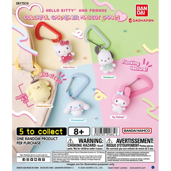 <p>Bandai Gashapon's Sanrio Characters Colorful Carabiner Mascot Charm pairs a favorite character with a bright, oversized clip.</p>
<p>The lineup includes Hello Kitty, Pompompurin, Pochacco, Cinnamoroll, and My Melody. Each design is a soft flocked mascot attached to a large colorful carabiner, made to clip onto bags and backpacks.</p>
<p>Each purchase is for 1 random capsule from the assortment of 5 designs. Designs cannot be selected.</p>