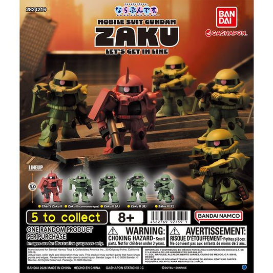 Get in formation with the Mobile Suit Gundam ZAKU – Let’s Get in Line Gashapon collection from Bandai! This Narabu N Desu. series features adorable stylized versions of the iconic Zaku II mobile suits, each posed and ready to line up alongside the rest of your collection.
There are 5 different Zaku II figures to collect, including the unmistakable red Char’s Zaku II along with four different green Zaku II variations featuring different weapons and equipment. Each figure stands approximately 5 cm (2 in) tal