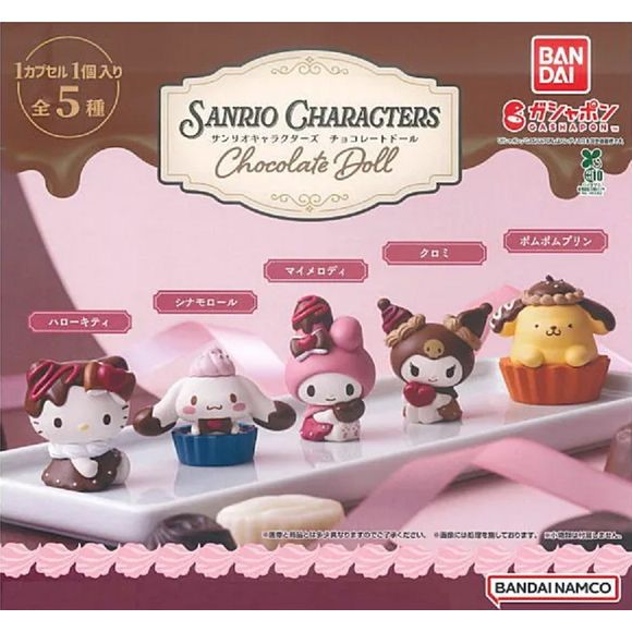 Treat yourself to an extra sweet Sanrio collection with the Sanrio Characters Chocolate Doll series from Bandai Gashapon! This adorable capsule figure lineup features beloved Sanrio characters transformed into chocolate-themed dessert mascots with cute candy-inspired details and pastel colors.
The collection includes Hello Kitty, Cinnamoroll, My Melody, Kuromi, and Pompompurin, each styled with chocolate toppings, sweets, and dessert-inspired accessories that make these mini figures almost good enough to e