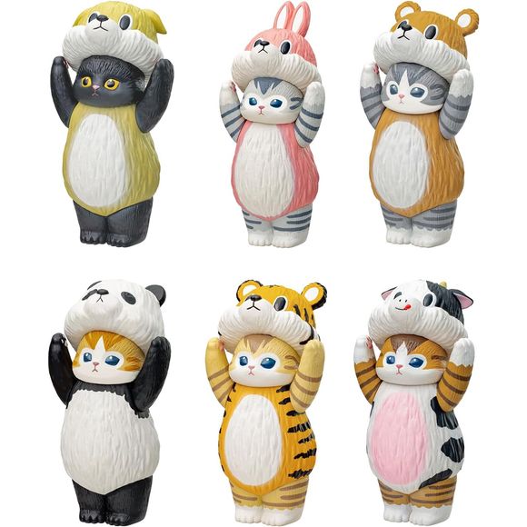 Meet the Mofusand Soft Vinyl Collection Blind Box, a delightful set of upright-standing cats adorned with cozy hoods resembling various animals like pandas, tigers, rabbits, and puppies. Crafted from soft vinyl, these charming figures are a joy to hold and display. At approximately 3 inches tall, each cat is perfect for brightening up your shelf, workspace, or collection cabinet. Each blind box offers a surprise with its unique design.