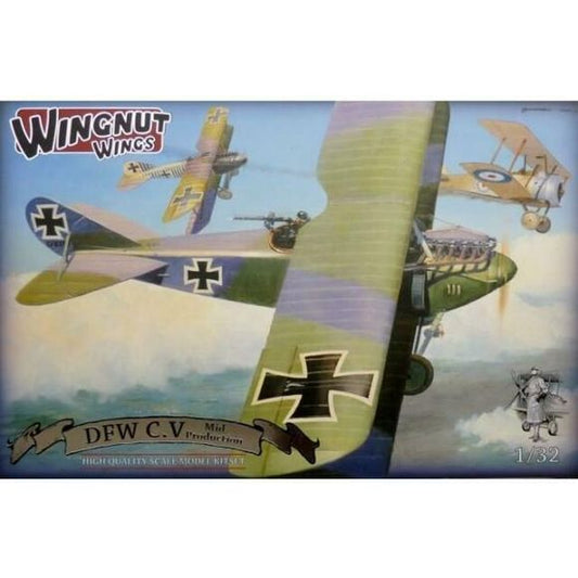 Released on 25 July 2014  - 41cm x 27cm - High quality Cartograf decals with markings for 5 aircraft - 320 high quality injection moulded plastic parts  - Detail parts for mid production DFW C.V manufactured by LVG, Aviatic and Deutsche Flugzeug-Werke - Highly detailed Benz Bz.IV engine - Three styles of side mounted radiators - Optional "winter" cowlings, PuW bomb rack, lMG 08 & LMG 08/15 Spandau machine guns, cowlings, exhausts, propellers and diorama accessories - 12 photo-etched metal detail parts inclu