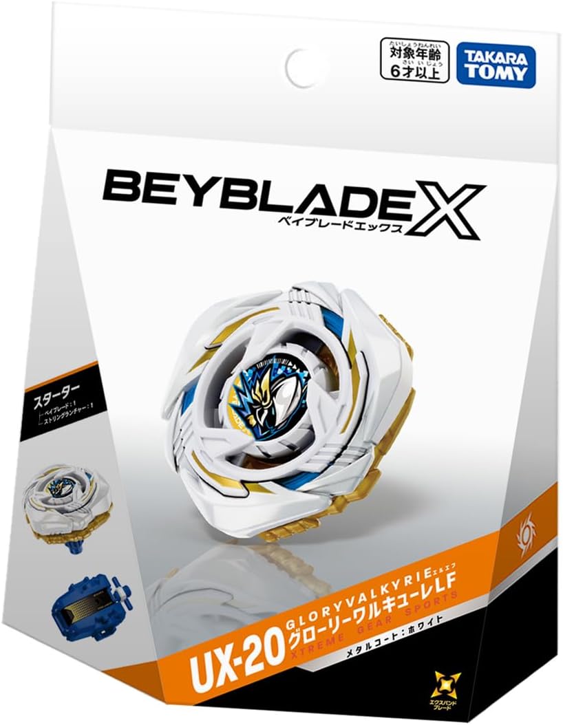 Takara Tomy Beyblade X UX-20 Glory Valkyrie LF Starter Set
Bring a legendary Beyblade name into the Beyblade X era with Glory Valkyrie LF, part of Takara Tomy’s Unique Line (UX) series.
UX-20 Glory Valkyrie LF features a striking white, gold, and blue design inspired by Valkyrie, paired with an aggressive configuration built for high-speed Beyblade X battles. This release is a complete Starter Set, making it ready for battle right out of the package with an included launcher.
Glory Valkyrie is part of Ta