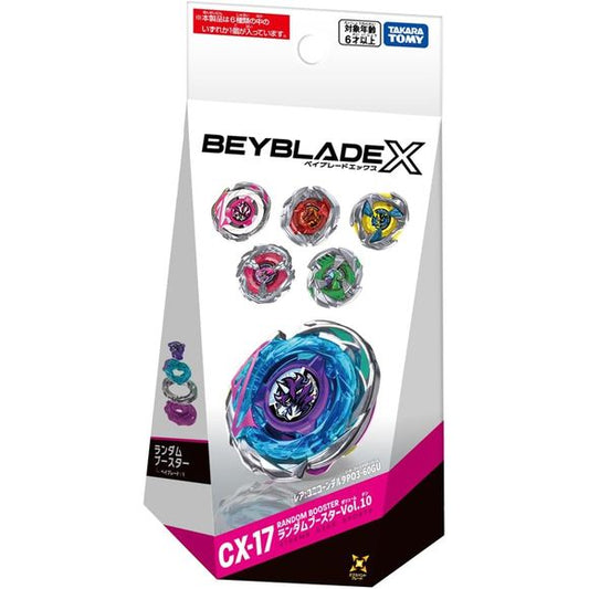Takara Tomy Beyblade X CX-17 Random Booster Vol. 10
Expand your Beyblade X collection with CX-17 Random Booster Vol. 10 from Takara Tomy!
Each sealed Random Booster contains one of six possible Beyblades, each featuring a special color combination and parts configuration. The exact Beyblade inside is random, making every package a surprise and giving collectors the chance to chase the featured rare configuration shown on the package.
CX-17 is part of Takara Tomy’s Beyblade X Custom Line (CX) and is fully