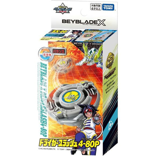 DrigerSlash 4-80P is a Balance Type Beyblade. DrigerSlash is Balance Type Blade and adaptation of the Driger Bit Chip, Tiger Defenser Attack Ring, and Eight Heavy Weight Disk that came with the Original Series' Spin Gear System Beyblade, Driger S. Due to the design of the system, the Blade is not customizable and is a single piece that cannot be separated. As such, its main contact points are two sloped blades that enable Upper Attack, based on those of the Tiger Defenser Attack Ring. Parts resembling the