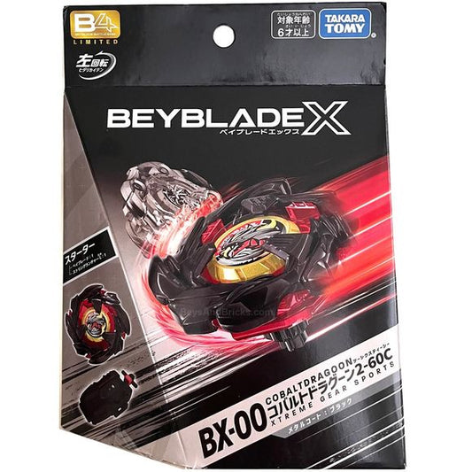 Unleash a rare version of Cobalt Dragoon with the Takara Tomy Beyblade X BX-00 Cobalt Dragoon 2-60C Metal Coat: Black! This limited-edition release gives the left-spin Attack Type Cobalt Dragoon a striking black Metal Coat finish with red and gold accents.
Originally released in Japan as a CoroCoro Comic lottery prize and B4 event exclusive, this special BX-00 version is a collectible alternative to the standard Cobalt Dragoon. Cobalt Dragoon is notable for its left-spin configuration, while the included C
