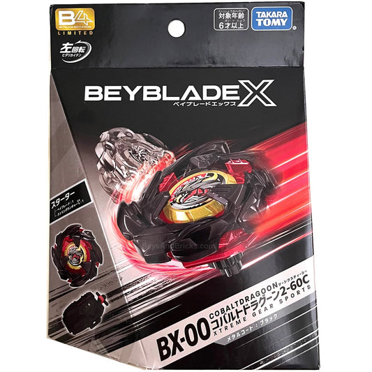 Unleash a rare version of Cobalt Dragoon with the Takara Tomy Beyblade X BX-00 Cobalt Dragoon 2-60C Metal Coat: Black! This limited-edition release gives the left-spin Attack Type Cobalt Dragoon a striking black Metal Coat finish with red and gold accents.
Originally released in Japan as a CoroCoro Comic lottery prize and B4 event exclusive, this special BX-00 version is a collectible alternative to the standard Cobalt Dragoon. Cobalt Dragoon is notable for its left-spin configuration, while the included C