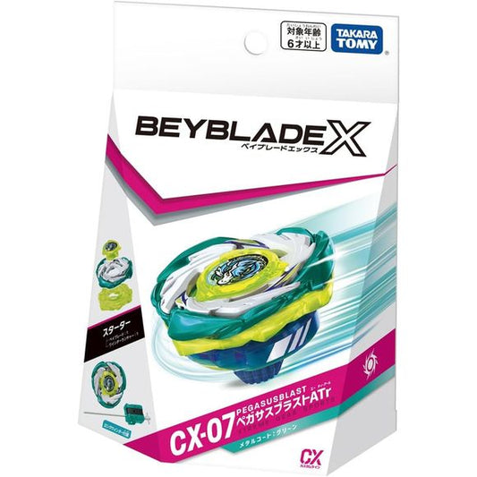 Takara Tomy Beyblade X CX-07 Pegasus Blast AT Starter Set
Take to the stadium with Pegasus Blast AT, a Beyblade X release from Takara Tomy’s Custom Line (CX) series.
CX-07 Pegasus Blast AT features a fast, aggressive design with a striking white, teal, and neon yellow color scheme. Built for dynamic movement and high-speed X-Dash action, Pegasus Blast is designed to keep battles fast and unpredictable.
This is a complete Starter Set, so it includes the launcher needed to get into battle right away.