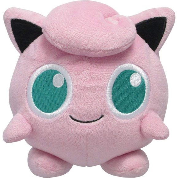 Jiggly puff is a round, pink ball with pointed ears and large, blue eyes. It has rubbery, balloon-like skin and small, stubby arms and somewhat long feet. On top of its head is a curled tuft of fur. As seen in Pokémon Stadium, it is filled with air, as a defeated Jiggly puff, deflates until it is flat. By drawing extra air into its body, it is able to float as demonstrated in Super Smash Bros. Approx. Size: 4.5"L x 3"W x 5"H.