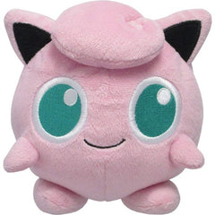 Jiggly puff is a round, pink ball with pointed ears and large, blue eyes. It has rubbery, balloon-like skin and small, stubby arms and somewhat long feet. On top of its head is a curled tuft of fur. As seen in Pokémon Stadium, it is filled with air, as a defeated Jiggly puff, deflates until it is flat. By drawing extra air into its body, it is able to float as demonstrated in Super Smash Bros. Approx. Size: 4.5"L x 3"W x 5"H.