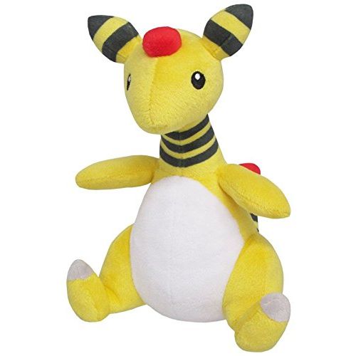 Ampharos is a yellow, bipedal Pokémon with a white belly. It has conical ears with black stripes and a red orb on its forehead. Its long neck has several black rings around it near the base. Its stubby arms resemble flippers and each foot has a single white nail. The orb on its tail can shine so bright, that it can be seen from space. Approximately 8" H x 6.5" L x 5" W.