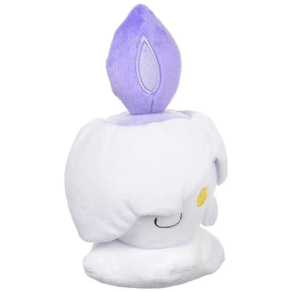 Litwick is a small, candle-like Pokémon with a purple flame atop its head, which is powered by life energy that it absorbs. Its body and two stubby arms are made of primarily of white wax. The folded, melted wax lays over its right eye, and leaves only the bright yellow left eye visible. It has a small smile under a protruding upper lip. Litwick pretends to guide people and Pokémon around by illuminating darkened areas. However, it is actually sucking away their life energy and leading them to the Ghost Wor