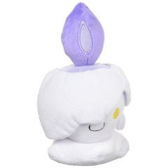 Litwick is a small, candle-like Pokémon with a purple flame atop its head, which is powered by life energy that it absorbs. Its body and two stubby arms are made of primarily of white wax. The folded, melted wax lays over its right eye, and leaves only the bright yellow left eye visible. It has a small smile under a protruding upper lip. Litwick pretends to guide people and Pokémon around by illuminating darkened areas. However, it is actually sucking away their life energy and leading them to the Ghost Wor