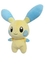 Minun is cream-colored bipedal Pokémon with blue markings. It has a dot-like nose, and a cream-colored minus sign in the middle of its circular blue cheeks. It has long, flat ears that are mostly blue. Its limbs are stubby and digit less, and it has blue front paws. Its short tail is tipped with a blue minus sign.