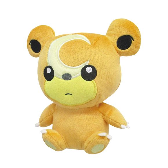 Teddiursa is a bipedal, ursine Pokémon covered in short, orange-brown fur. Its muzzle is light tan with a small black nose and black eyes. There is a slightly paler tan crescent marking on its face, and it has round ears. It has three claws on its forepaws as well as two claws and yellow paw pads on its hind paws. Its tail is short, round, and puffy. Approx. Size: 5"L x 3"W x 6"H