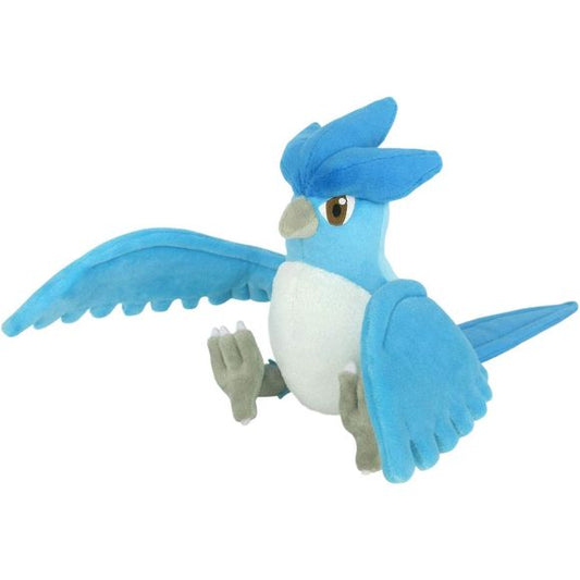 Articuno is a large avian Pokémon with predominantly sky blue plumage and wings said to be made of ice. On its forehead is a crest that consists of three, darker blue rhombus-shaped feathers. It has circular red eyes, a short gray beak, and long, thin gray legs. Each foot has three forward-facing toes and one that faces backward. Approx. Size: H 7.87" (20cm) x L 6.7" (17cm) x W 7.5" (19cm).