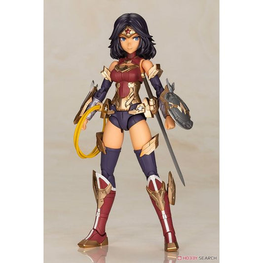 One of The Big Three of DC COMICS, Wonder Woman returns as a plastic model kit based on a new original illustration by the beloved Fumikane Shimada!
Three face parts are included (normal front-facing, normal left-facing, and yelling).
Sword, shield, the Lasso of Truth, various armor parts, shield effect parts, and a simple base are included in this kit. 
Each joint has a wide range of flexibility to allow for diverse posing such as crossing the arms like in the comics. 
*This product is a plastic mo