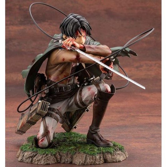 Levi from "Attack on Titan" gets a rerelease of his ARTFX J figure from Kotobukiya! Wounded in battle, Levi has made a hard landing, but he's not finished by any means -- he's crouched for a moment to recover, ready to launch himself upward again with his blade at the ready. His tattered cloak and the many bloodstains on his clothing tell of an epic battle, with still more to come!
Note: This is a Re-Release of the original figure.