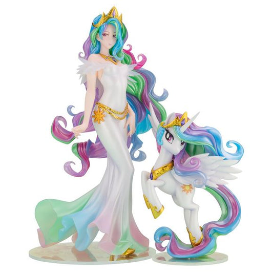 Twilight Sparkle’s mentor, the ruler of Equestria, and the most magical pony, Princess Celestia, is joining the stylized Bishoujo figure line of My Little Pony characters! She is adorned in a dress designed by Shunya Yamashita, painted in soft pearl finish with a gorgeous color gradation. Princess Celestia’s mystical flowing hair is made of clear plastic filled with glitter and painted with a matching pearlescent finish to bring out a soft and gentle texture like that of warm sunlight. The statue fully capt