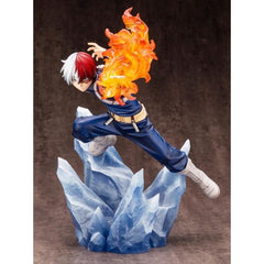 From the hit anime series, My Hero Academia comes this ArtFX J statue of Shoto Todoroki. Shoto is seen using his Half-Cold Half-Hot Quirk in the midst of battle. The realistic sculpt of the ice coming from the ground is paired with the flames to create an impactful finish to this piece!